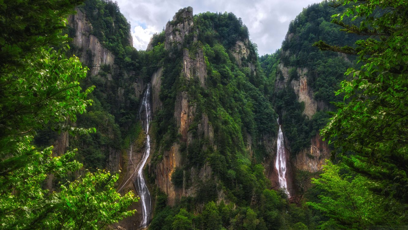 waterfalls in the middle of the forest