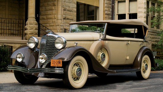 Image vintage white car parked beside brown brick building