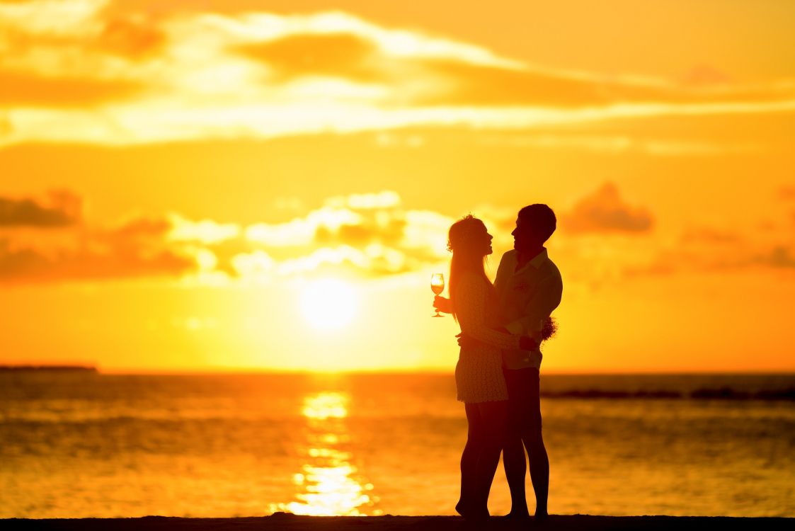 hug, sunset, romance, People in nature, horizon