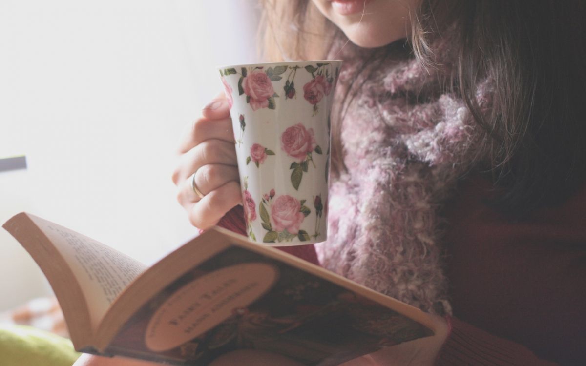 pink, reading, cup, drink, tea