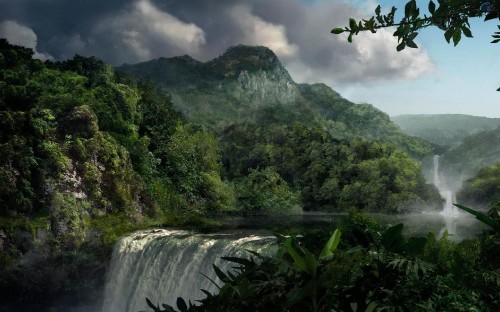 Image green trees near waterfalls under cloudy sky during daytime