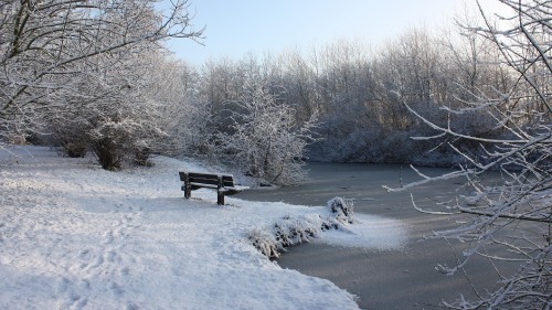 Image brown wooden bench on snow covered ground during daytime