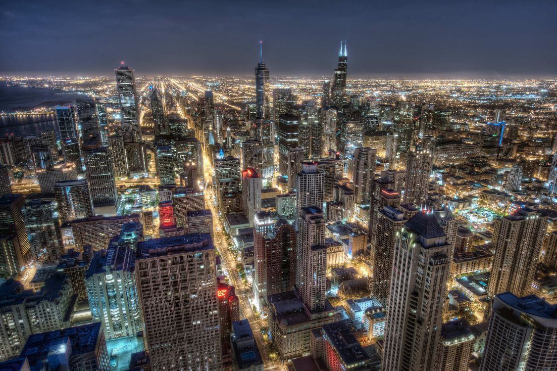 aerial view of city buildings during night time