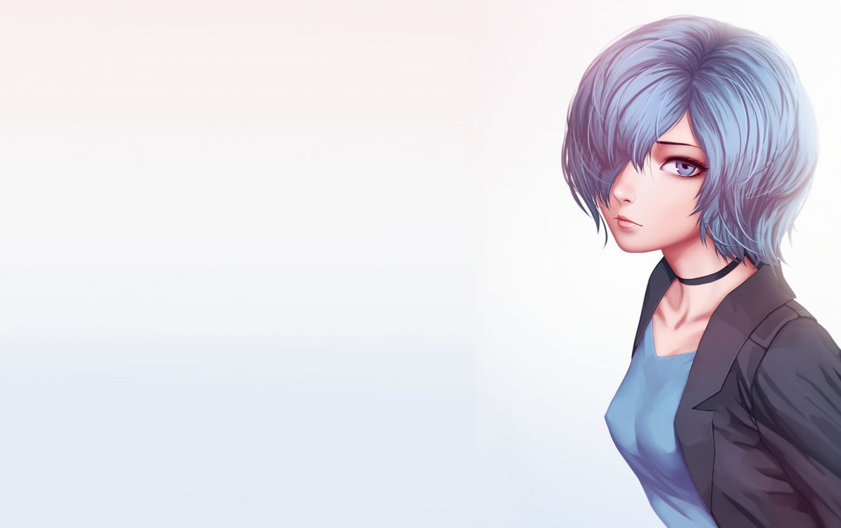 Femme en Chemise Bleue Personnage Anime. Wallpaper in 2765x1735 Resolution