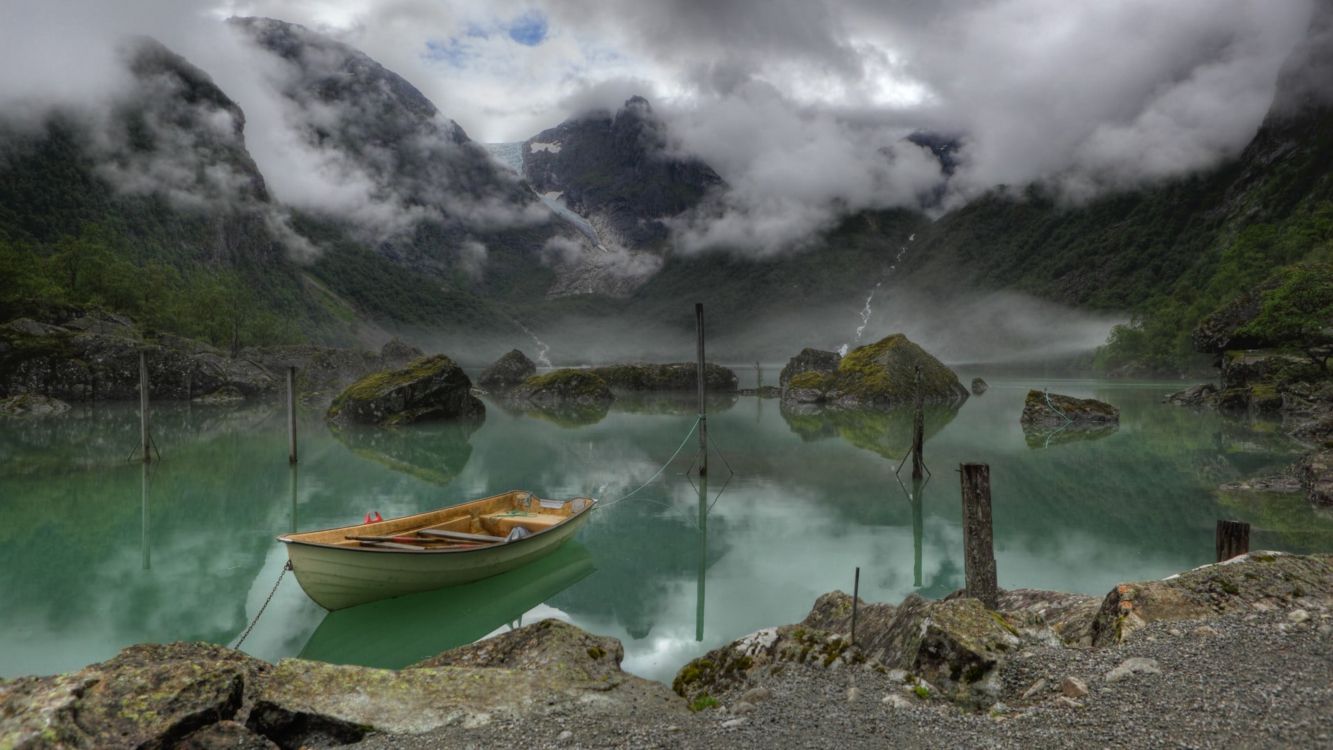 cloud, water, boat, water resources, mountain