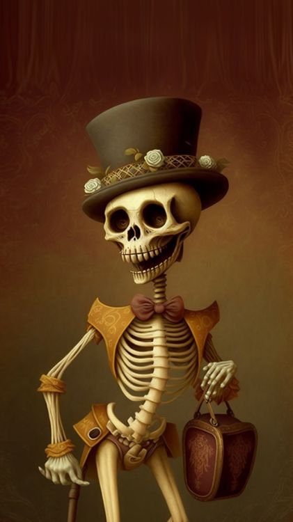 skeleton, illustration, bone, skull, fedora