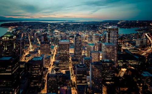 Image aerial view of city buildings during night time