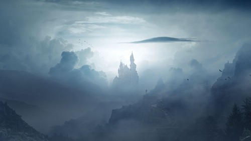 Image aerial view of mountains with fog