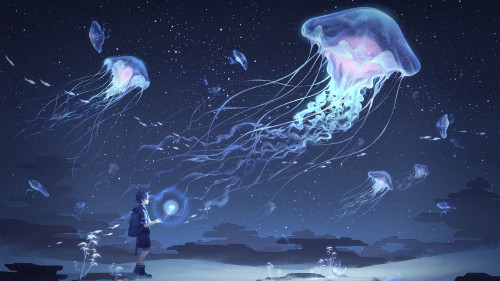 Image boy in a land of jellyfish, jellyfish, water, blue, light