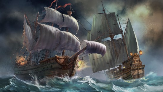 Image brown and white sail ship on water