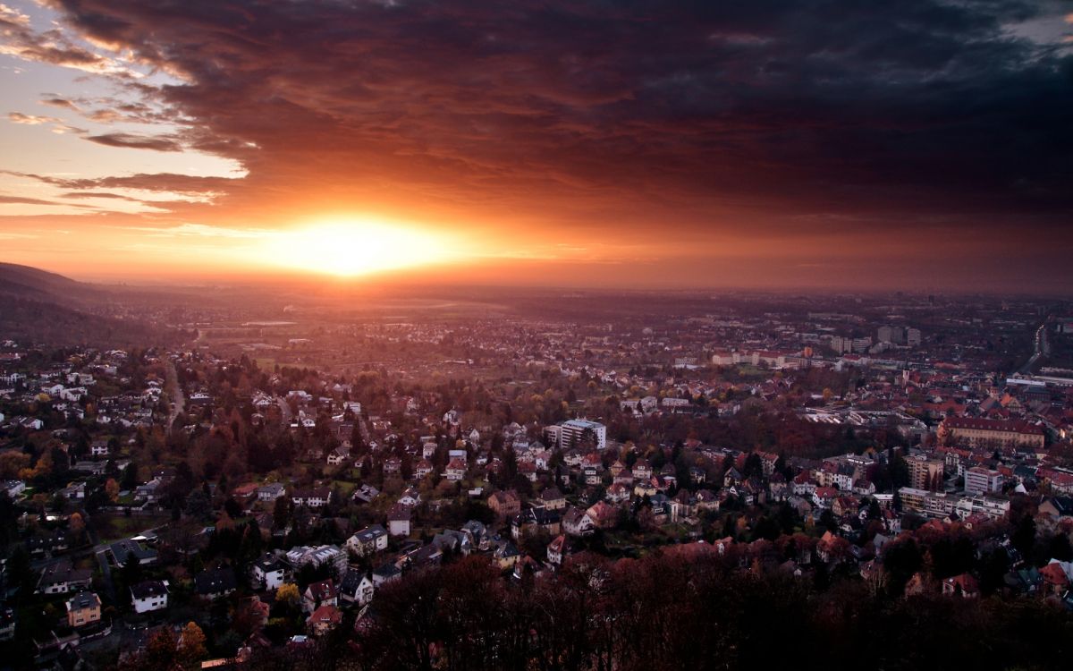 aerial view of city during sunset