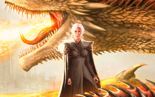 Image woman in black dress standing beside dragon