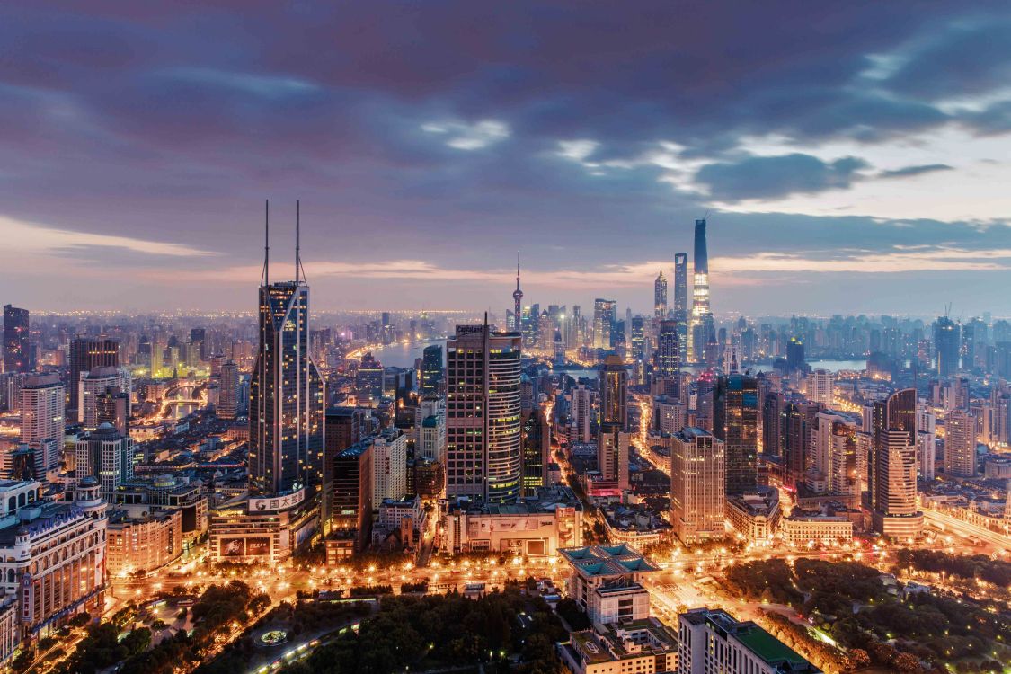 city skyline during night time