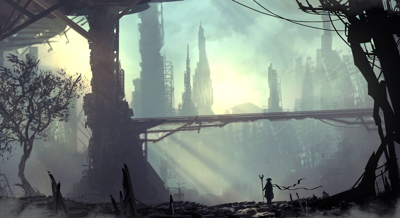 Cyberpunk, Kunst, Science-fiction, Wasser, Atmosphäre. Wallpaper in 6600x3600 Resolution