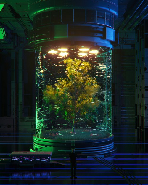 Image green tree in clear glass fish tank