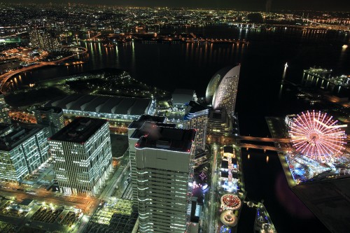 Image aerial view of city buildings during night time