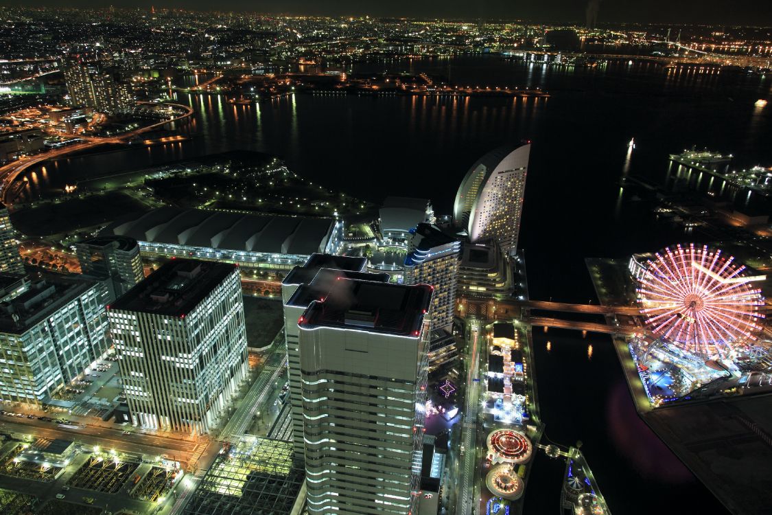 aerial view of city buildings during night time