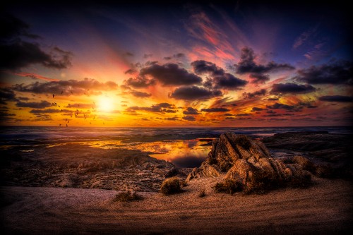 Image brown rock formation on sea shore during sunset