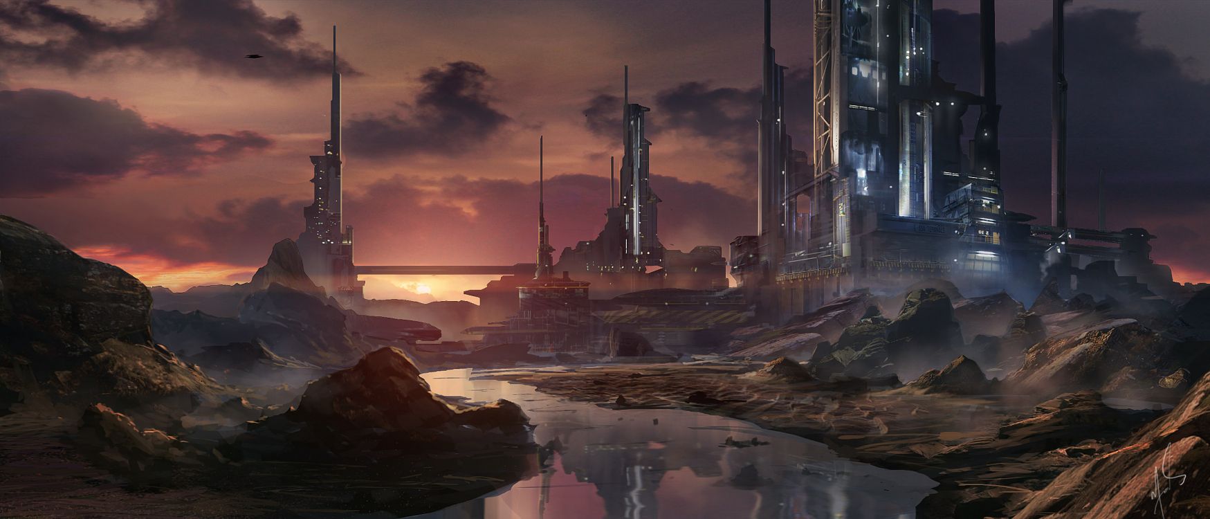 Weißer Und Schwarzer Turm in Der Nähe Eines Gewässers Während Der Nacht. Wallpaper in 3000x1286 Resolution