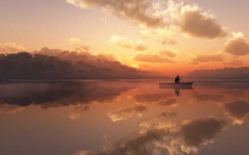 Image silhouette of man riding on boat during sunset