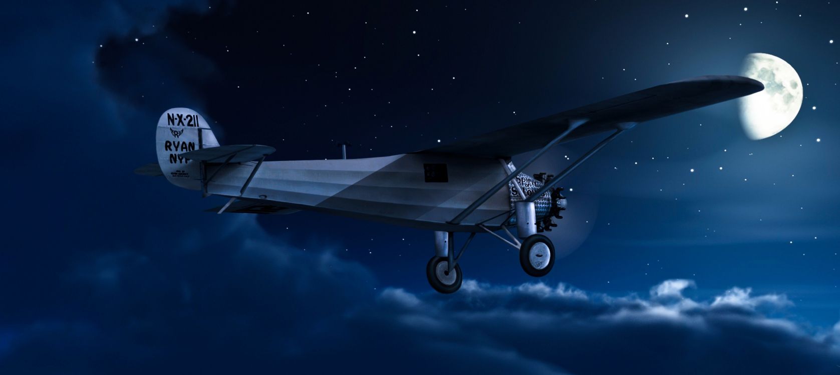 Weißes Und Blaues Flugzeug Unter Blauem Himmel Während Der Nacht. Wallpaper in 3198x1430 Resolution