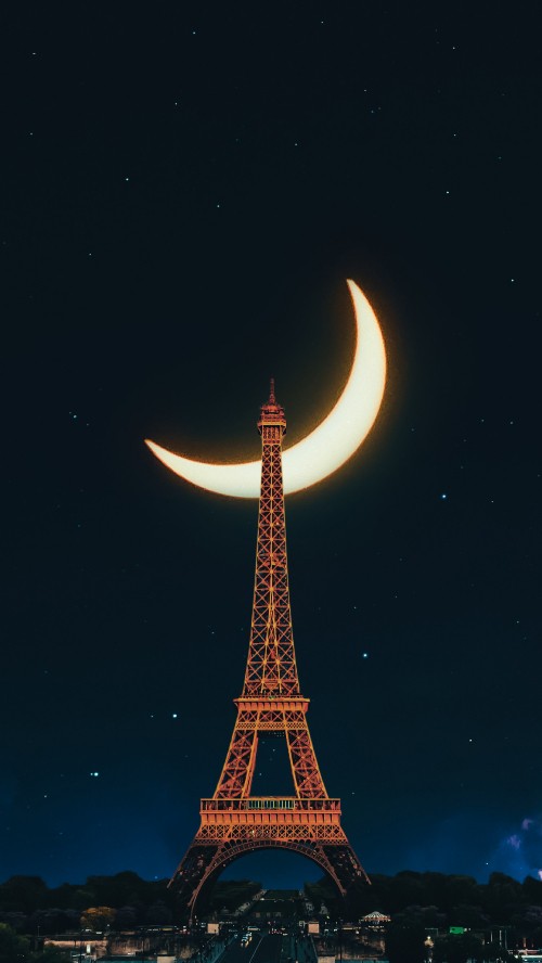 Image trocadro gardens, eiffel tower, atmosphere, moon, light