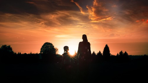 Image silhouette of man and woman standing on grass field during sunset