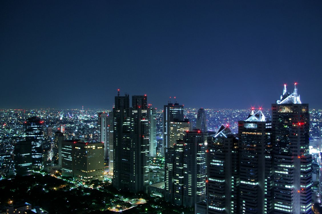 city skyline during night time