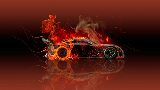 Image black and orange car with orange smoke