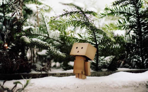 Image brown wooden bird house on snow covered ground