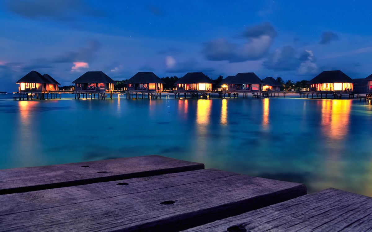 brown wooden dock on body of water during night time