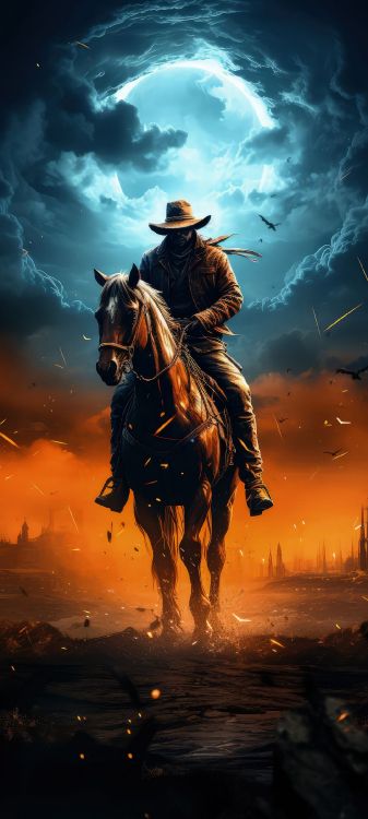 Vaquero, Mustang, Ilustración, Arte, Cartel. Wallpaper in 1080x2400 Resolution