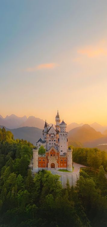 el Castillo de Neuschwanstein, Castillo, Sitio Histórico, Montaña, Edificio. Wallpaper in 1421x3000 Resolution