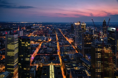 Image aerial view of city buildings during night time