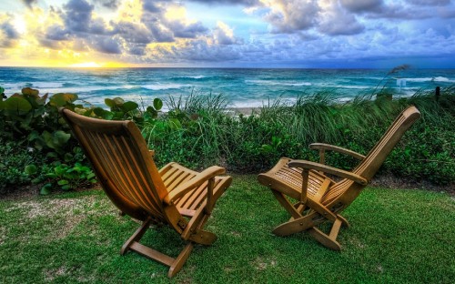 Image brown wooden armchair on green grass near body of water during daytime