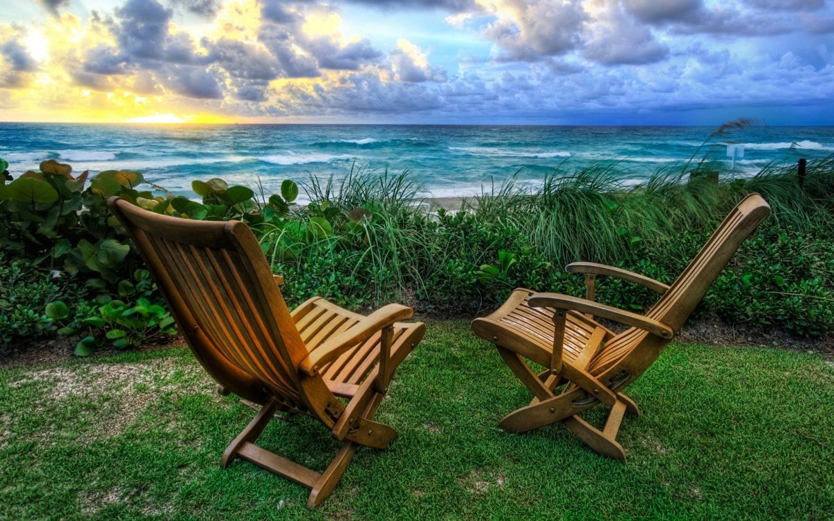 brown wooden armchair on green grass near body of water during daytime