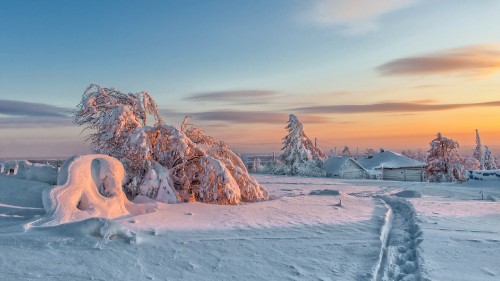 Image brown rock formation on white snow covered ground during daytime