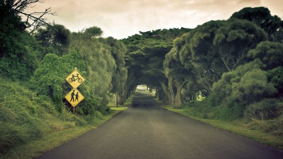 Image yellow and black road sign near green mountain under white clouds during daytime