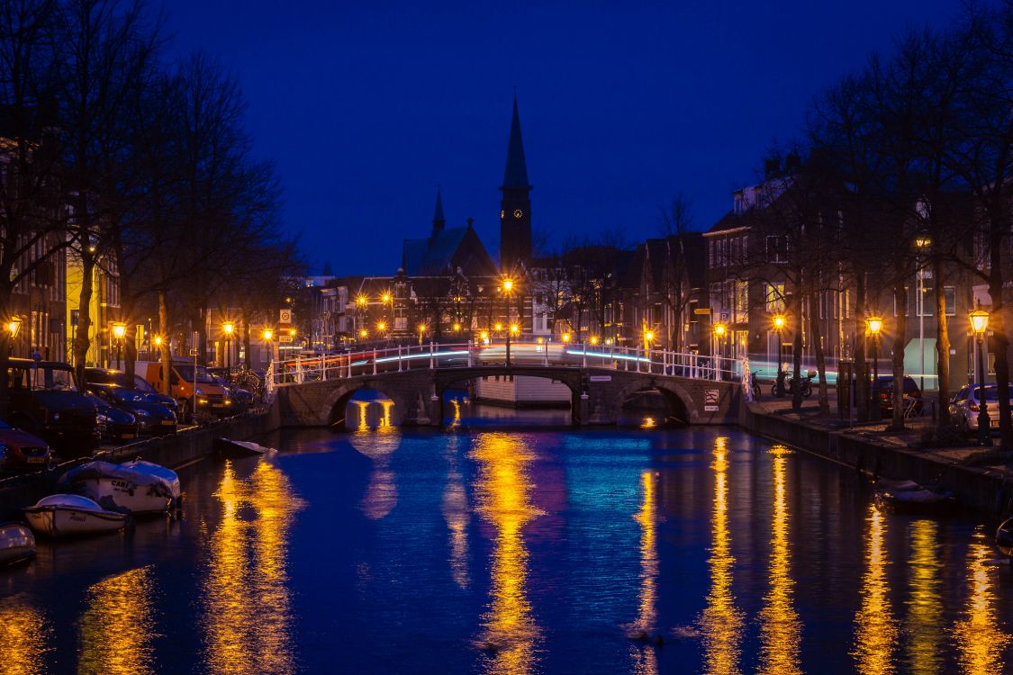 body of water near building during night time