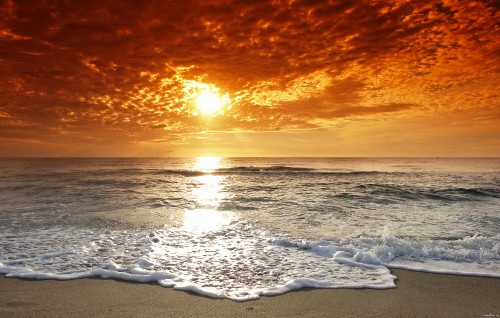 Image ocean waves crashing on shore during sunset