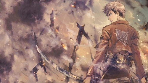 Image man in brown coat holding sword anime character
