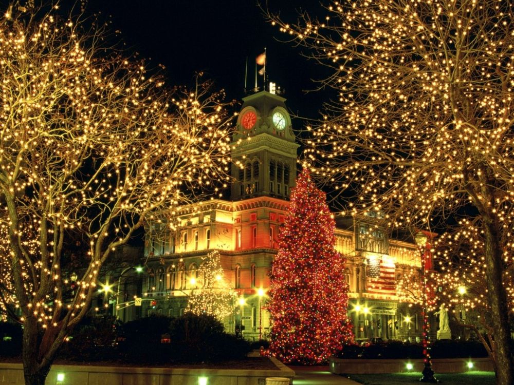 圣诞节那天, 圣诞彩灯, 圣诞树, 里程碑, 圣诞装饰 壁纸 2560x1920 允许