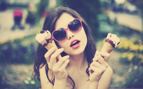 Image woman in red lipstick holding ice cream cone