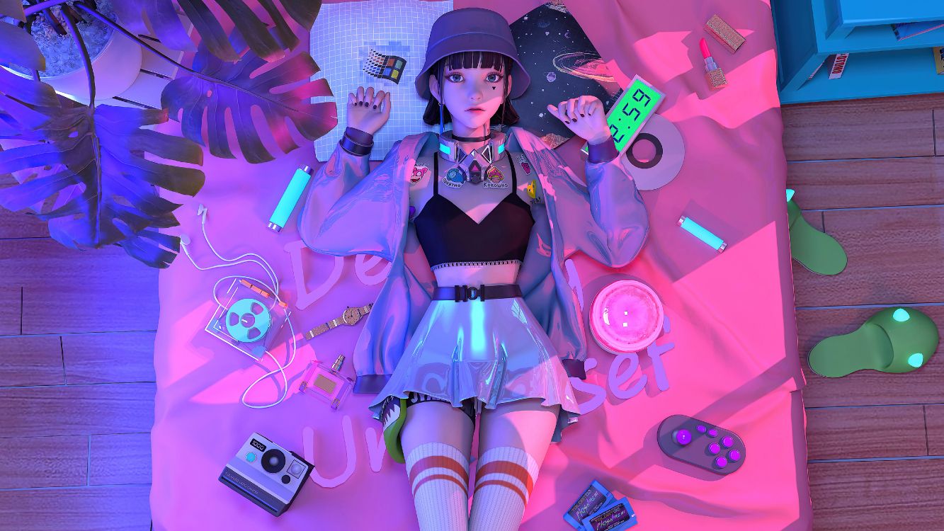 Cyberpunk, Anime, Retro Punk Anime Girl Lying on Bed, Purple, Violet. Wallpaper in 5120x2880 Resolution