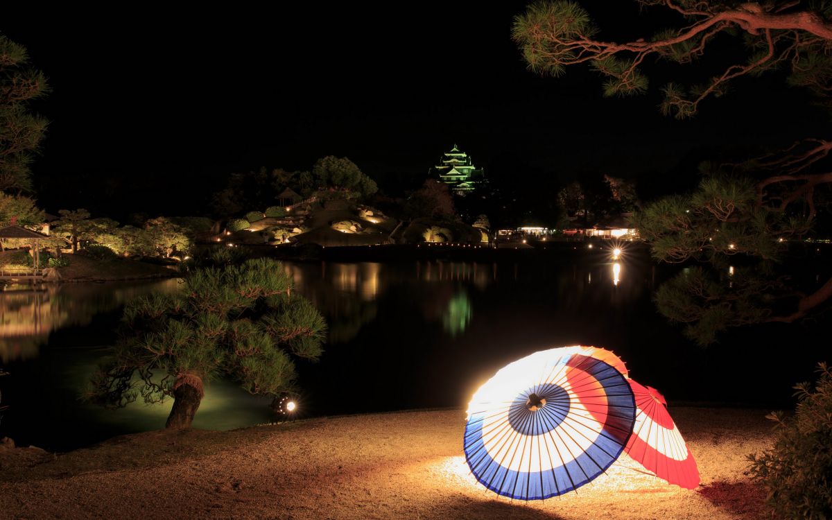 blue and red umbrella near lake during night time