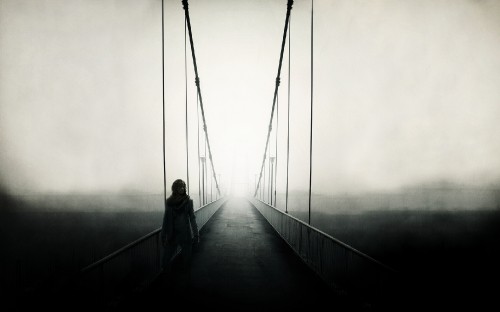 Image man and woman walking on bridge