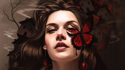 Image woman with red and black butterfly on her face