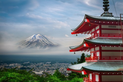 Image red and white temple near body of water under white clouds during daytime