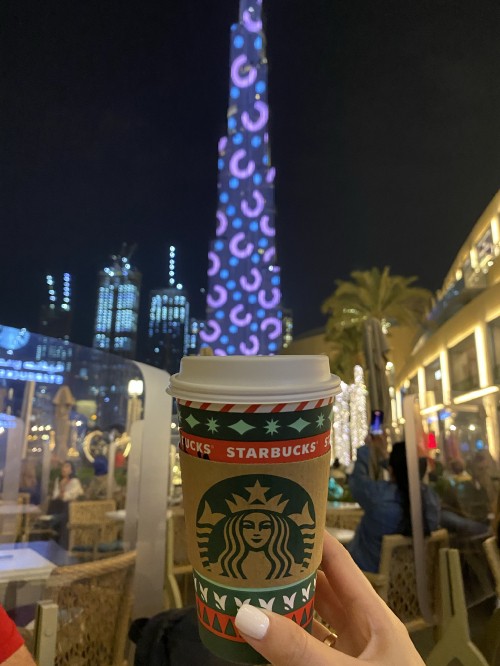 Image dubai, burj khalifa, starbucks logo 2011, night, human