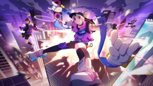 Image girl in purple shirt and black skirt anime character